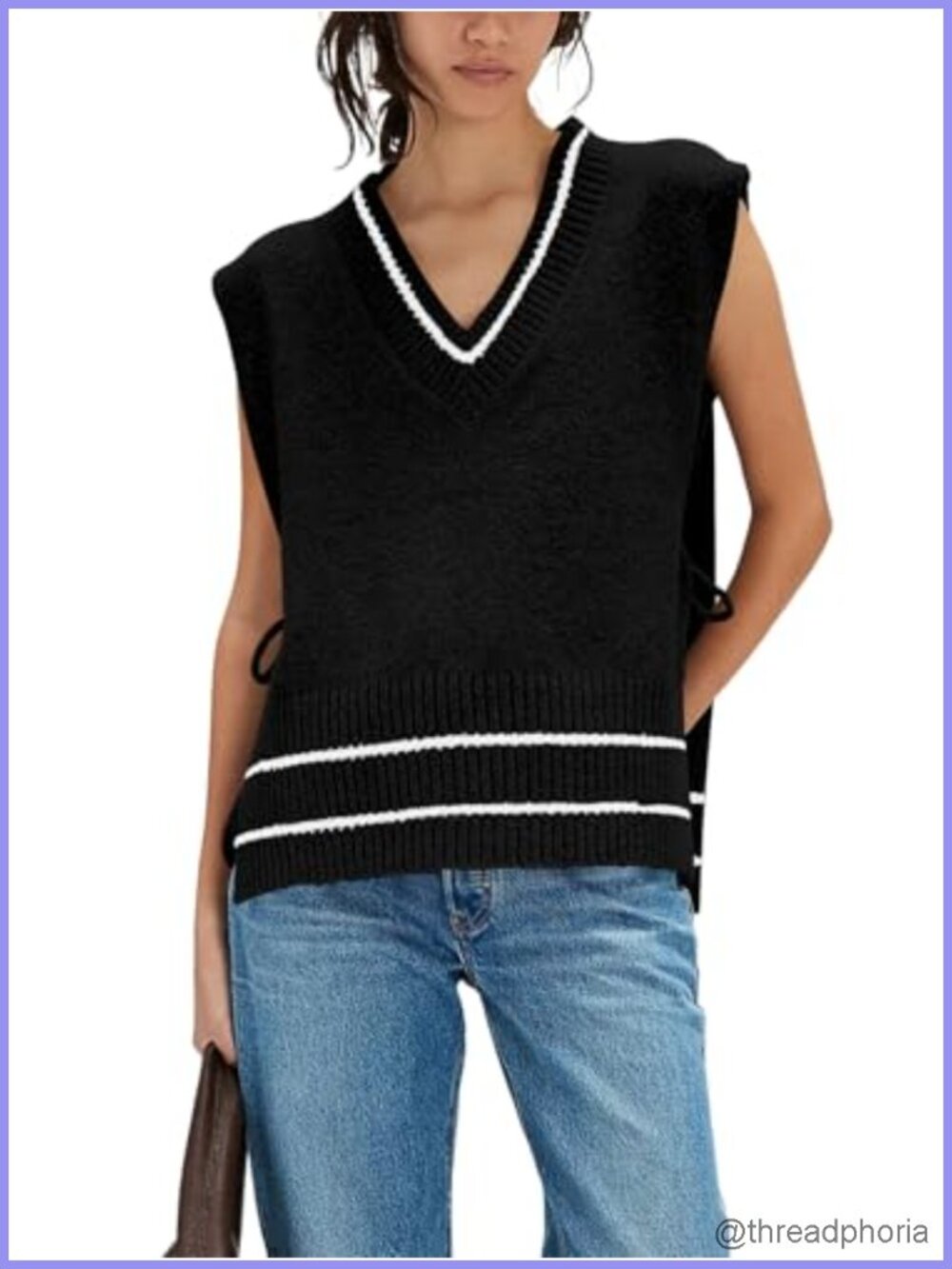 Sleeveless Striped Poncho Sweater Vest V-Neck Color Block Tie Side Knit Pullover